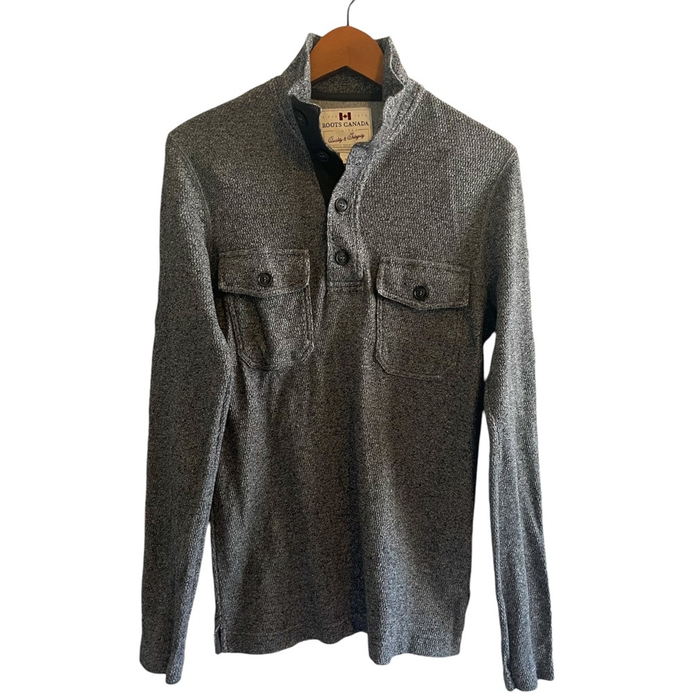 Roots‎ Men’s Sweater Size Small Gray Pullover Mock Neck 1/4 Button Knit Casual